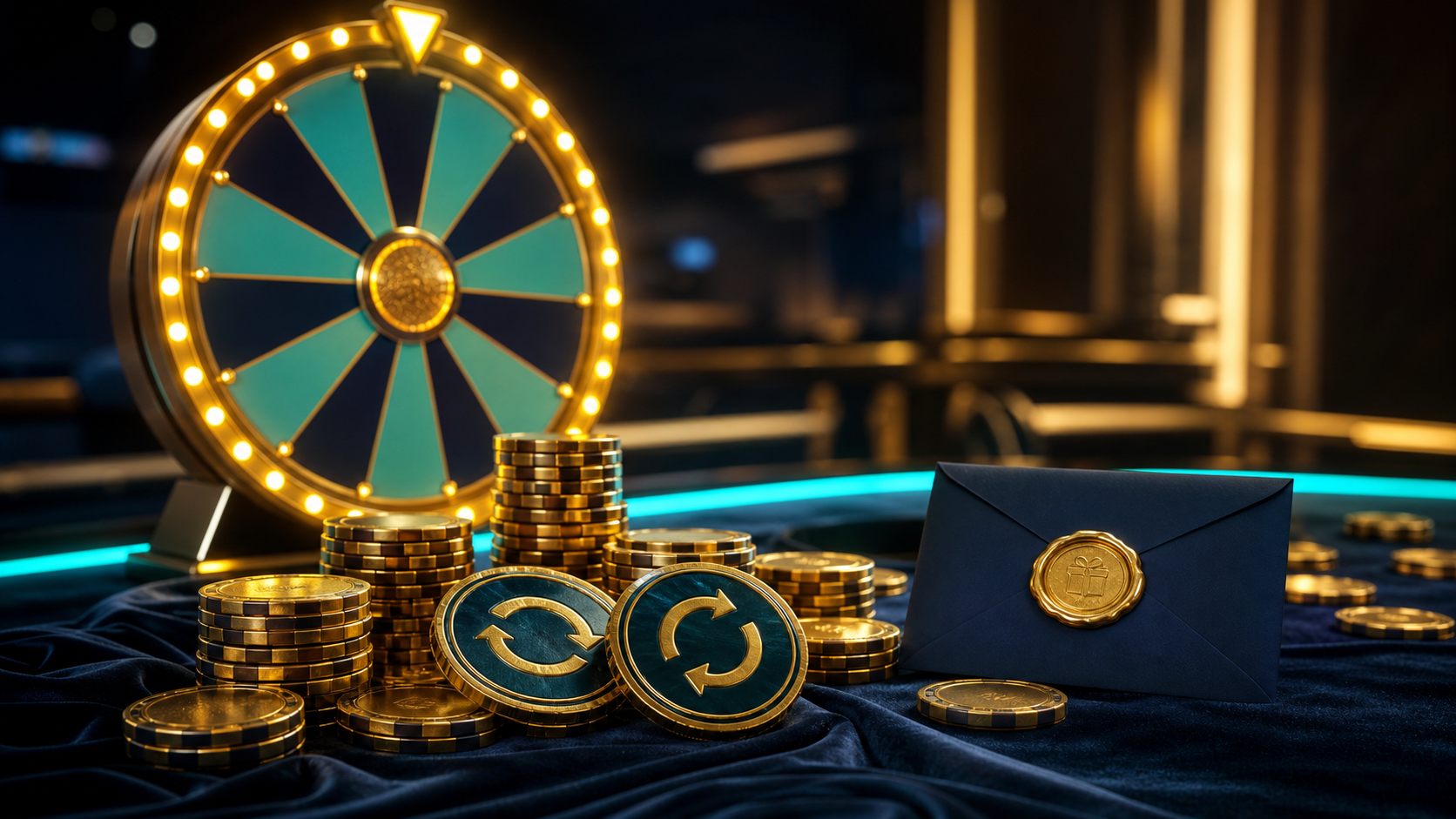 Prize wheel and casino chips under teal and yellow lights