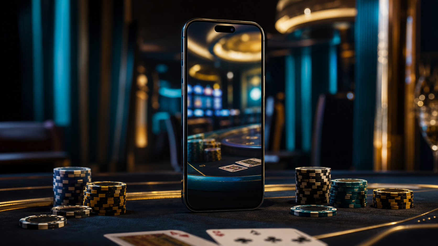 Smartphone on a casino table with chips and teal lighting