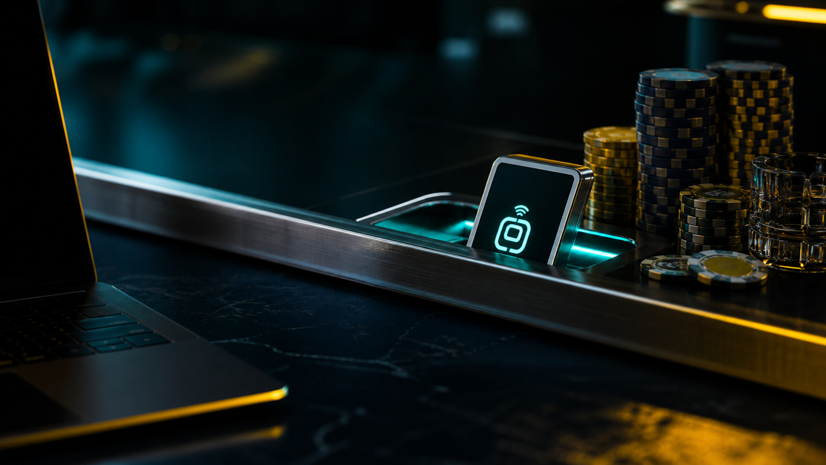 Casino cashier desk with digital payment device and poker chips